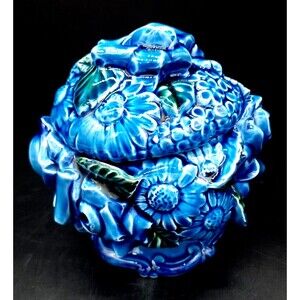 Vintage Inarco 1960s MCM  Blue Floral Canister With Lid Daisies & Roses
